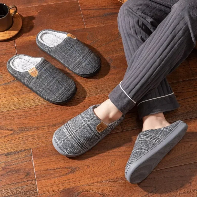 Winter Warm Slipper Male Men Plus Large Size Thermal  Fuzzy Fur Contton Plush Non Slip Plaid Indoor Lazy Home House Shoe Flat