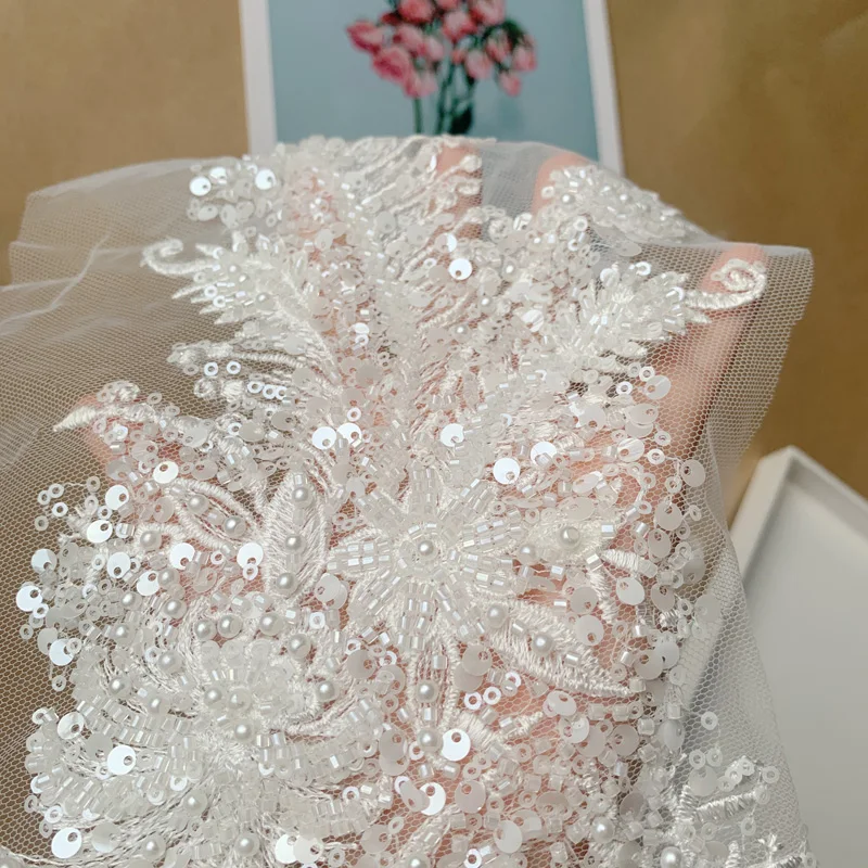 1Pc Sequins Embroidery Lace Appliques For Wedding Dresses Rhinestone Lace Applique Patches Embroidery Ropa 36*15CM