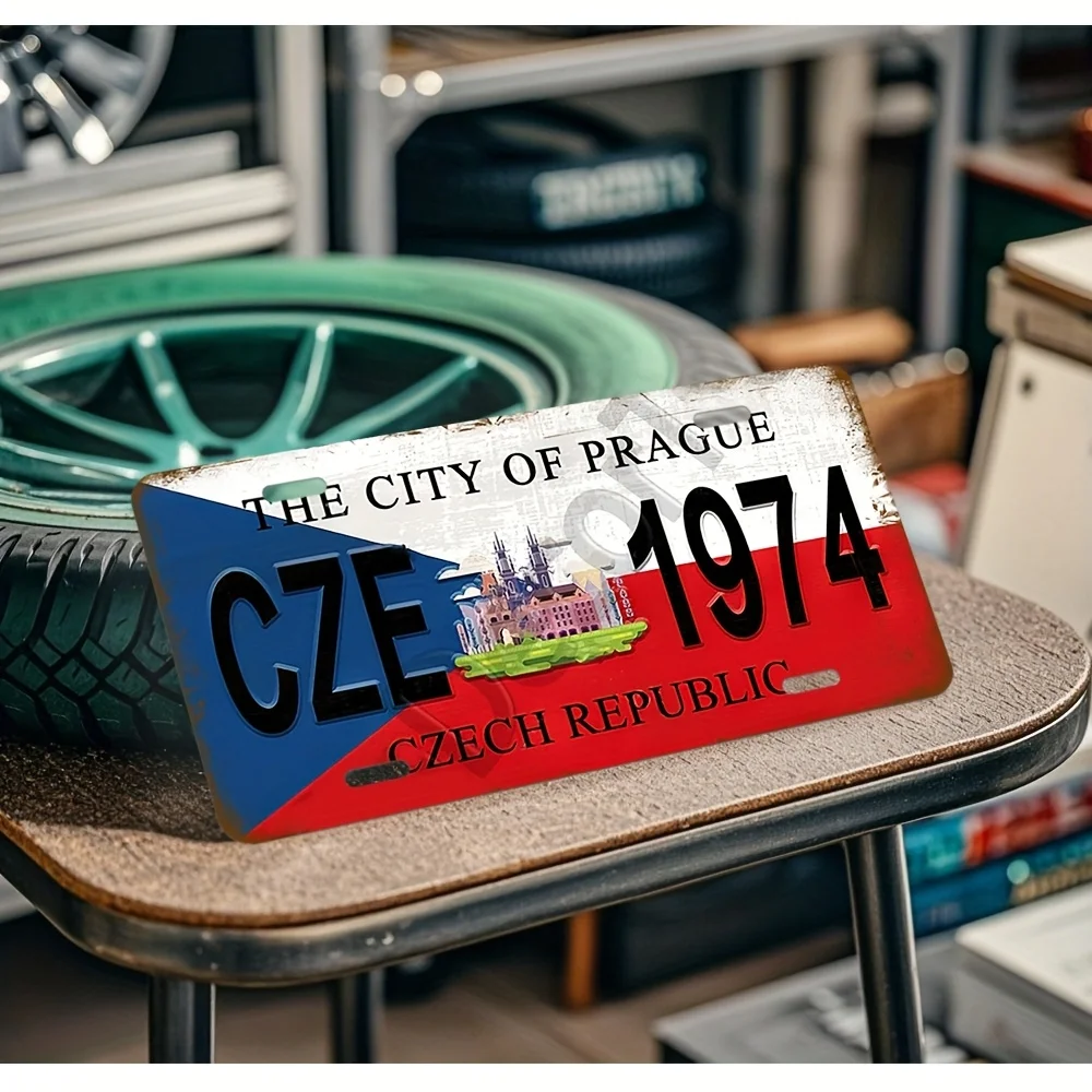 ,  Prague Czech Republic Aluminum License Plate Wall Art -   Metal Sign with Flag & City Emblem, Durable Home Garage Bar for Man