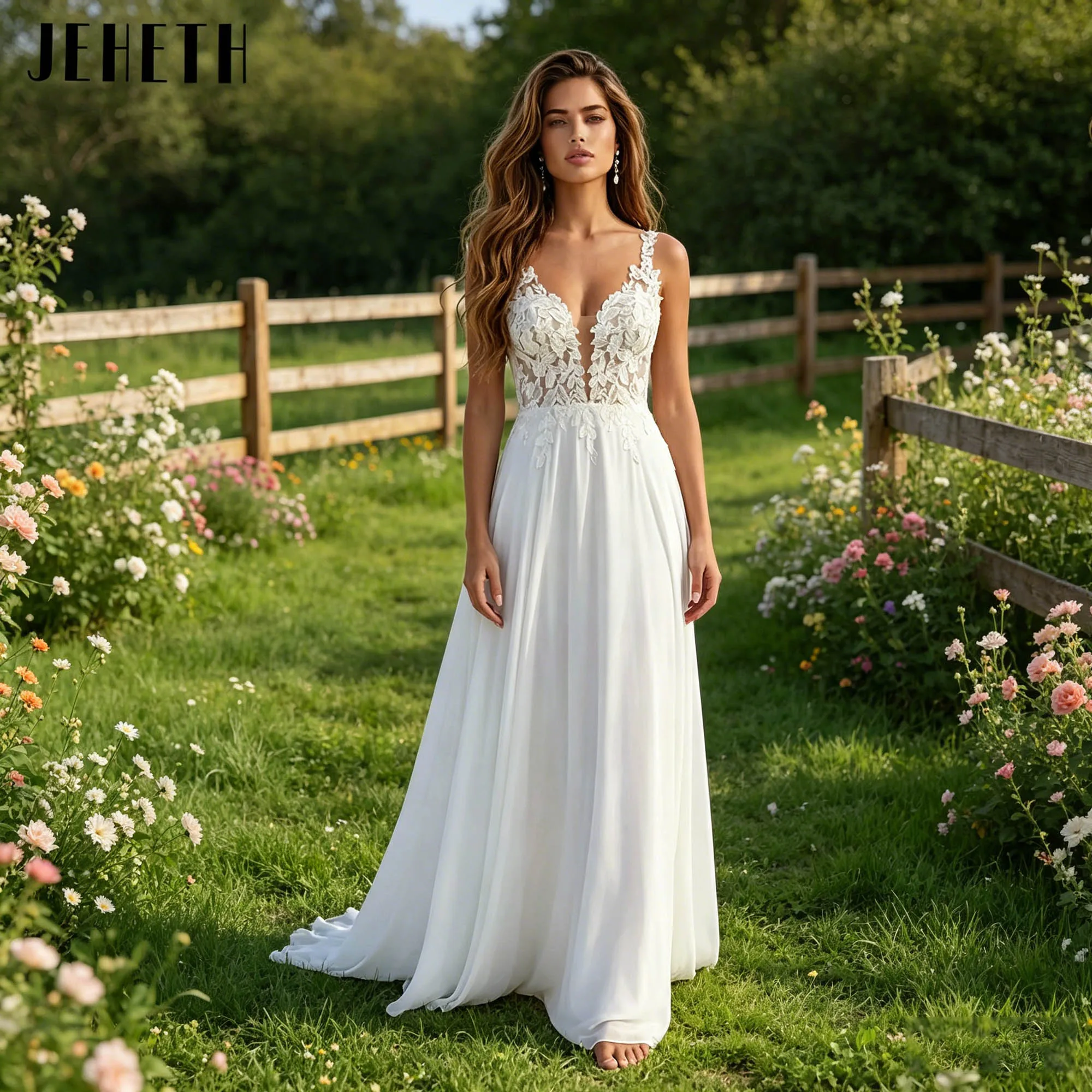 JEHETH Customized Boho Beach Wedding Dress V-Neck Appliques A-Line Chiffon Bridal Gown For Destination Wedding Vestidos De Novia