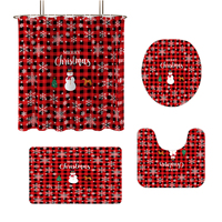 Christmas red checkered snowman print bathroom 4-piece set 180x180 waterproof shower curtain floor mat toilet pad U-shaped