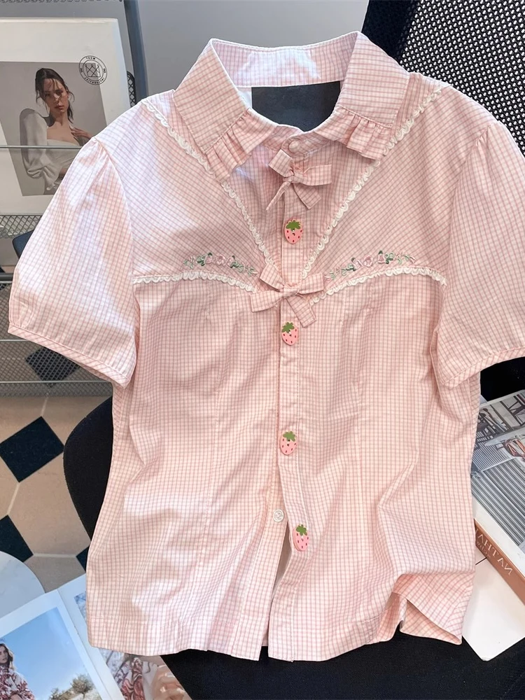 

Fashion Sweet Shirts Plaid Bow Flower Embroidery Puff Sleeve Turn Down Collar Blouses Female Slin All Match Women Clothing 2025
