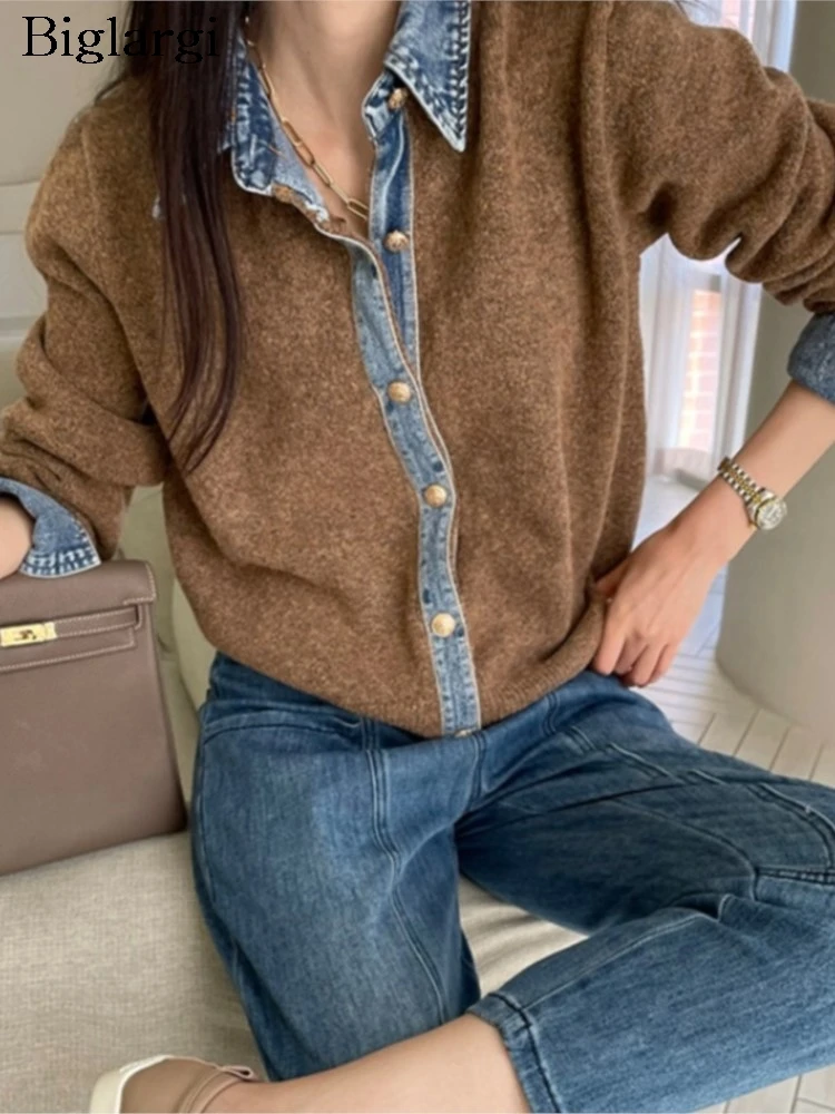 

Knitted Autumn Cardigan Women Denim Patchwork Fashion Ladies Cardigans Korean Style Loose Casual Woman Sweater Coats