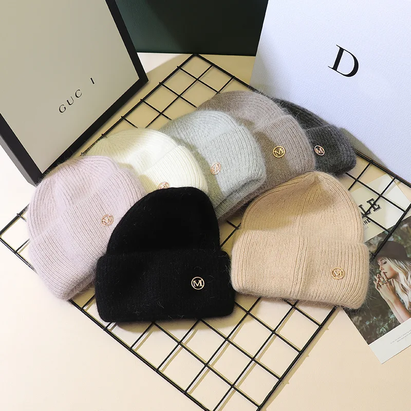 

Luxury Brand Letter M Winter Beanies For Women Real Rabbit Fur Knitted Hat Wool Skullies Women Warm Walking Bonnet Cold Cap