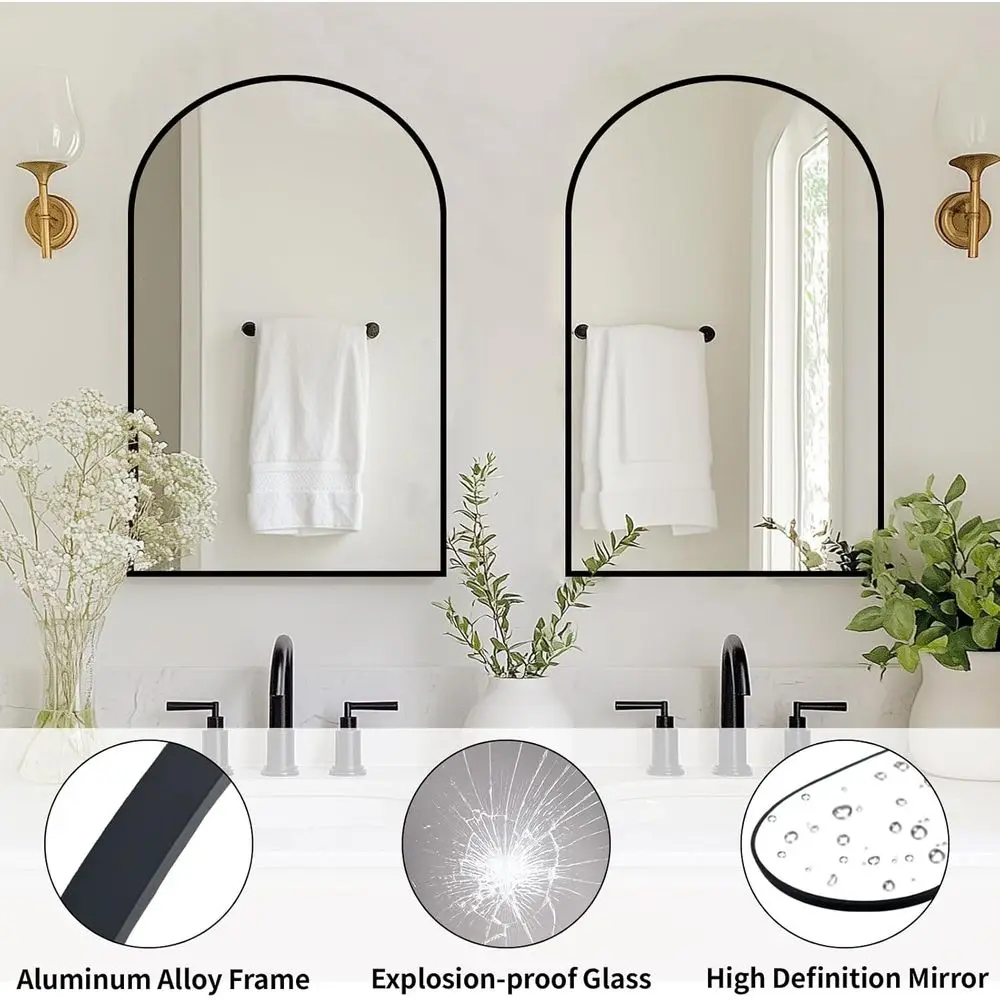 Elegant 20x30 Black Arched Mirror with Metal Frame for Bathroom, Hallway, and Bedroom