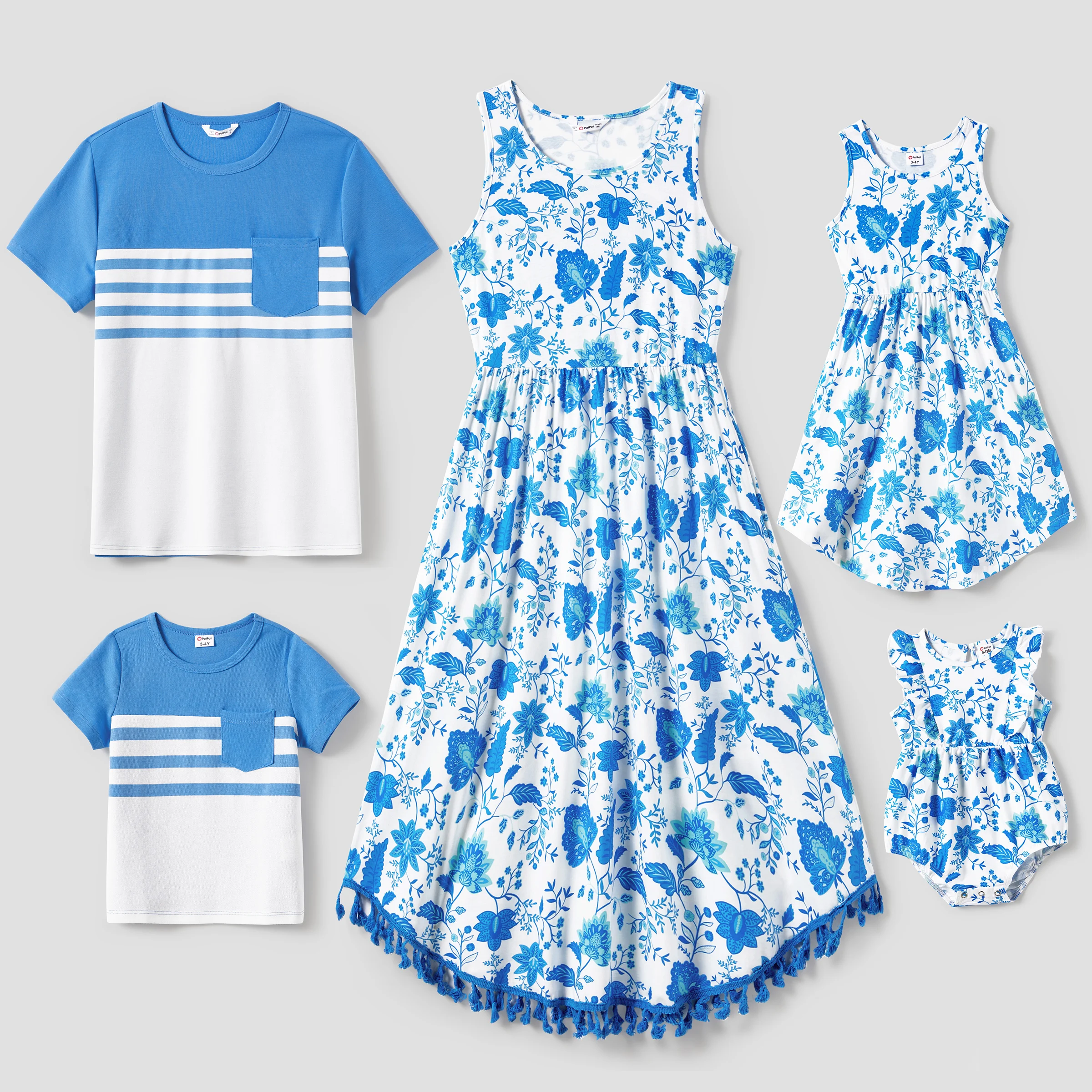 PatPat Family Matching Color Block Tee and Floral Tassel Trim Tank Top A-Line Dress Sets