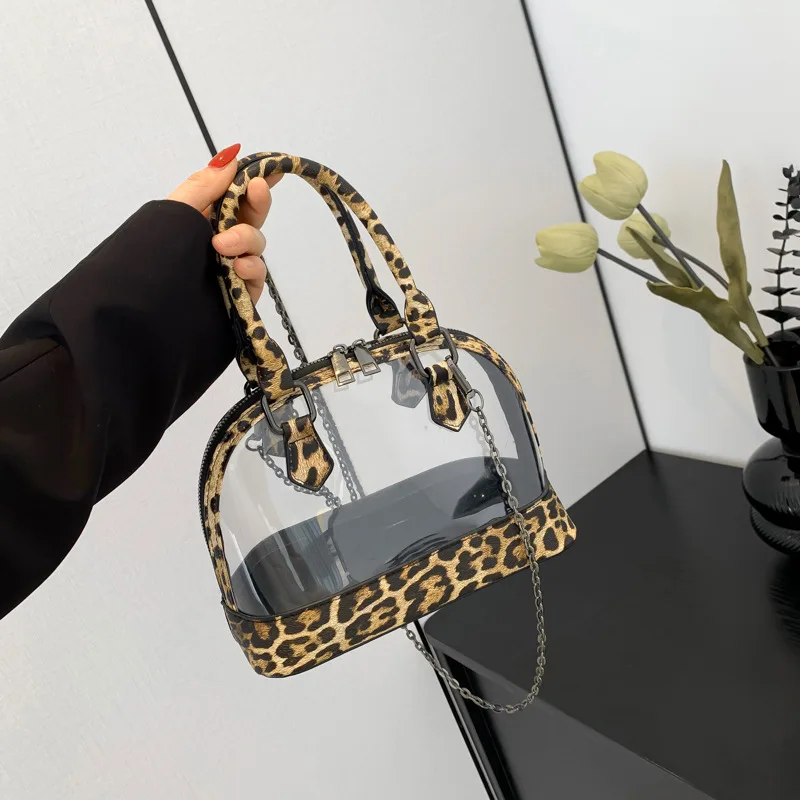 Transparent Tote Bags 2024 Trend for Women Leopard Printing PU Leather Top Handle Jelly Purse Chain Shoulder Messenger Handbags