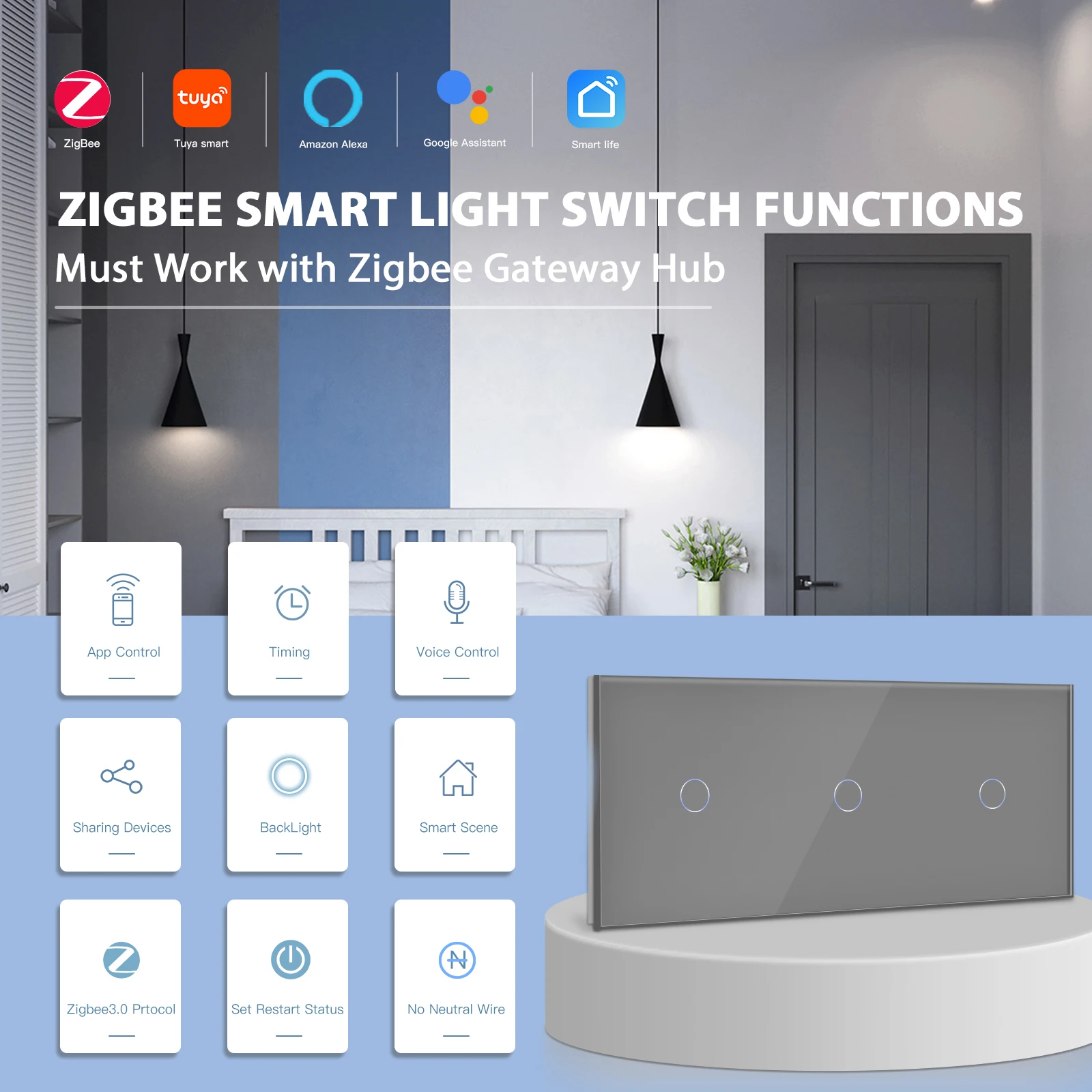 BSEED WIFI ZigBee Wall Touch Switch Triple 3/6/9Gang Wireless Smart EU Touch Light Switch Tuya Google Home App No Neutral Wire