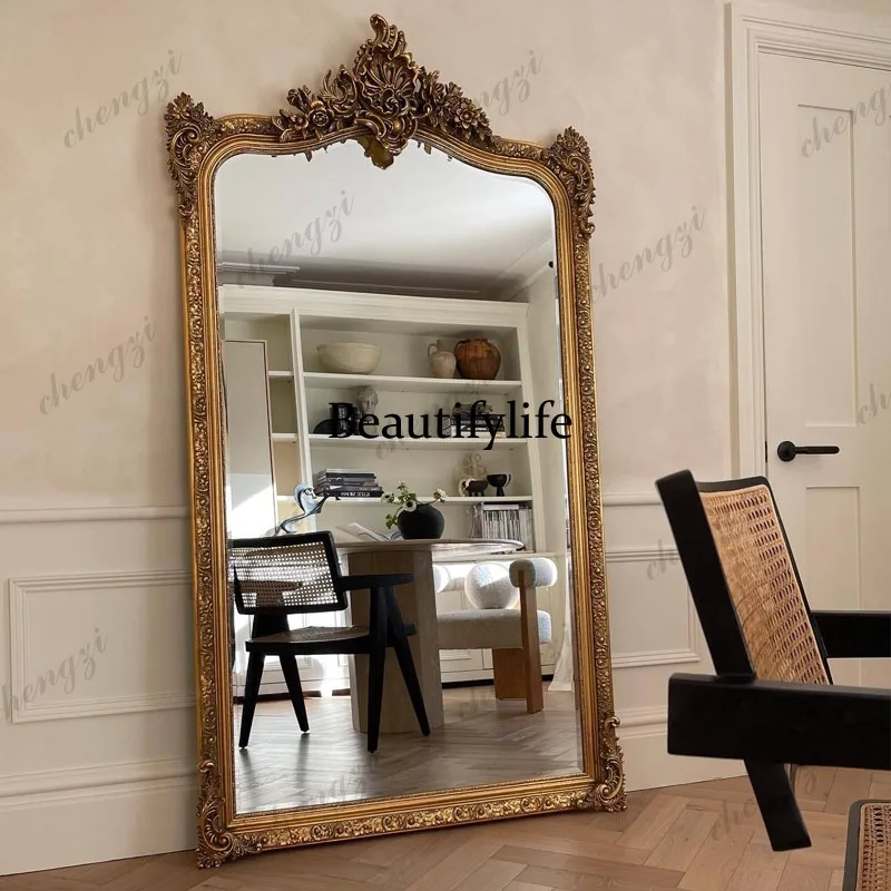 European full body mirror custom large size living room floor retro heavy industry engraved full-length mirror home
