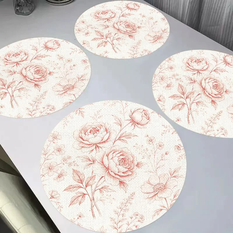 VIKAMA French Retro Red Line Sketching Rose Round Linen Placemats, Heat Resistant for Dining Table Home Decor