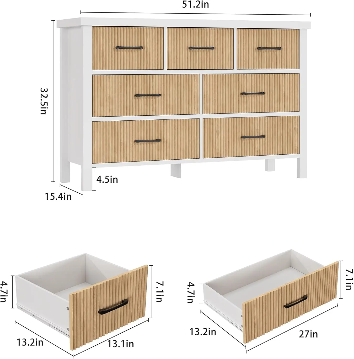 White Dresser 7 Drawer for Bedroom, Modern FlutedDresser with Solid Wood Legs, Long Double WoodenDresser Large Chest o