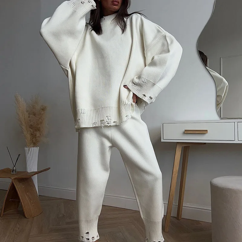 Mode déchiré tricoté solide ensemble élégant col rond pull et pantalon Long pull tenues femmes décontracté à manches longues ample 2 pièces costume