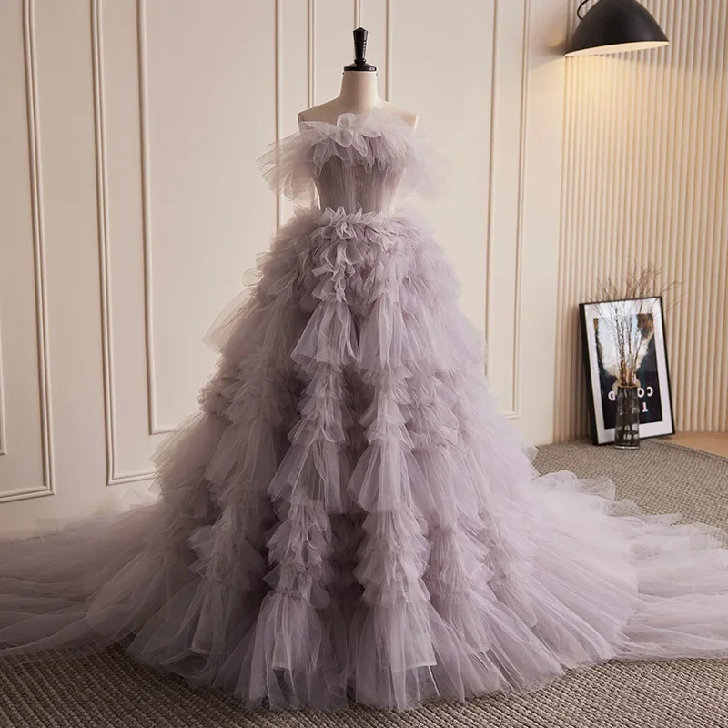 Customized Strapless Dusty Lavender Tiered Ruffle Tulle Ball Gown 3D Floral Long Train Quinceanera Sweet 15 Evening Party Dress