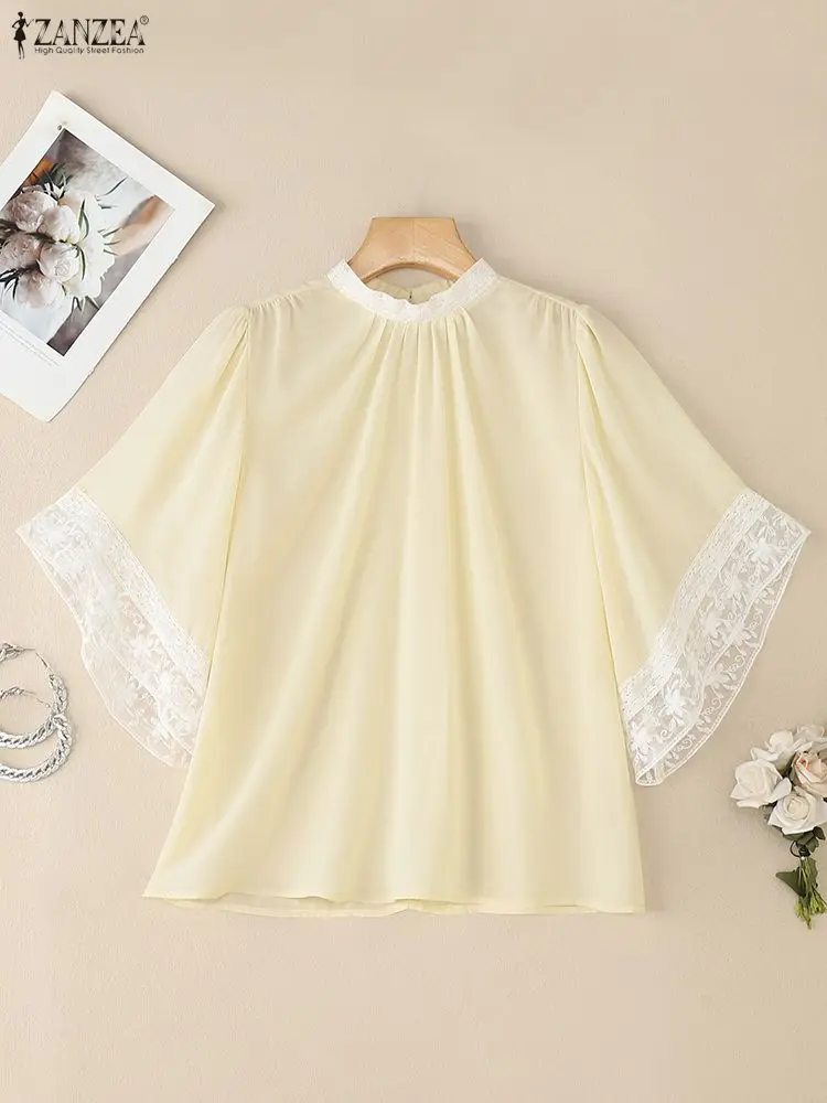 

Women's Elegant Lace Patchwork Color-Blocked Blouses Autumn 2025 Fashion Stand Collar 3/4 Sleeve Tops ZANZEA Woman Clothing 3XL