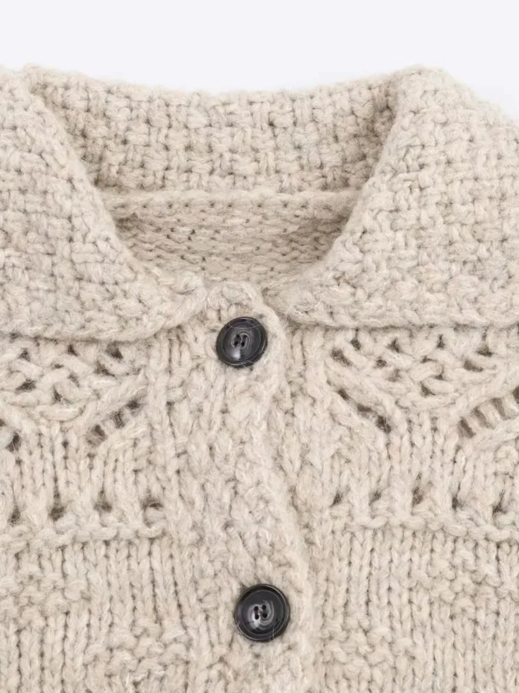 سترة نسائية لخريف 2025 مفرغة بإبرة خشنة سترة نسائية عصرية بأكمام طويلة وياقة مقلوبة سترة محبوكة مقصوصة #4