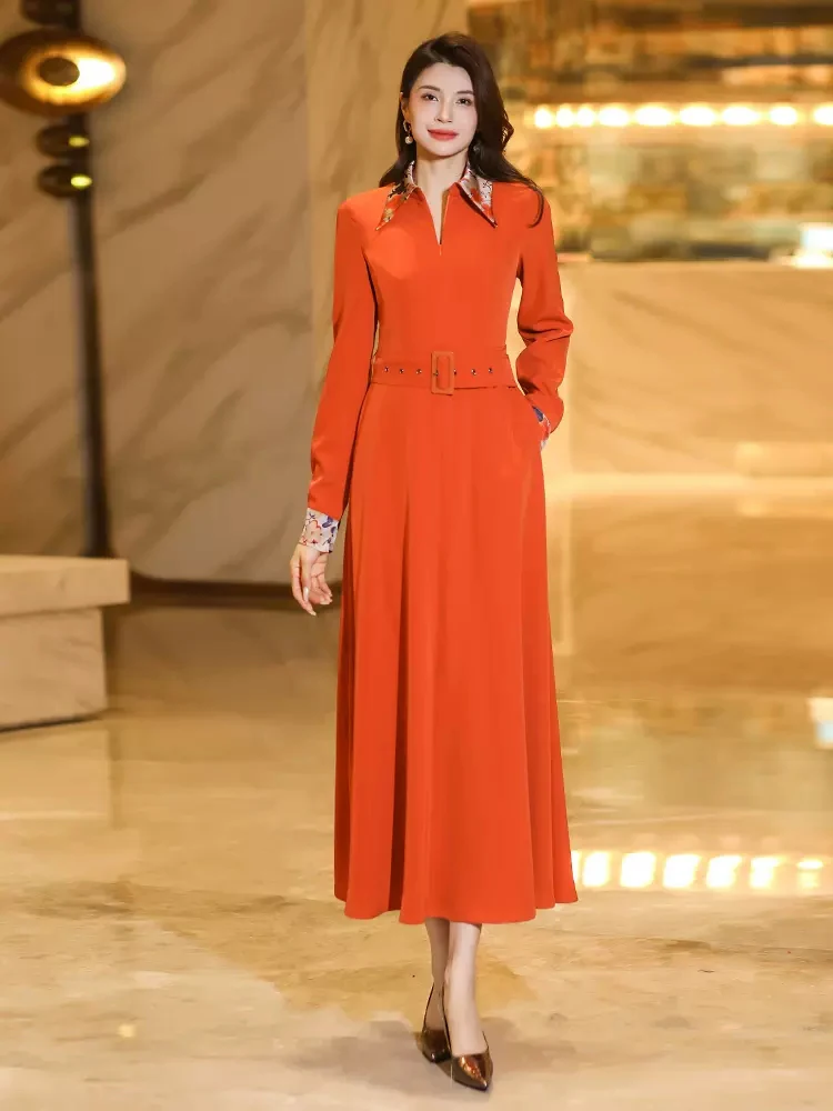 New Women Spring Autumn Mid-Calf Dress Fashion Print Patchwork Long Sleeve Slim Dress Elegant Exquisite Orange red Long Dress