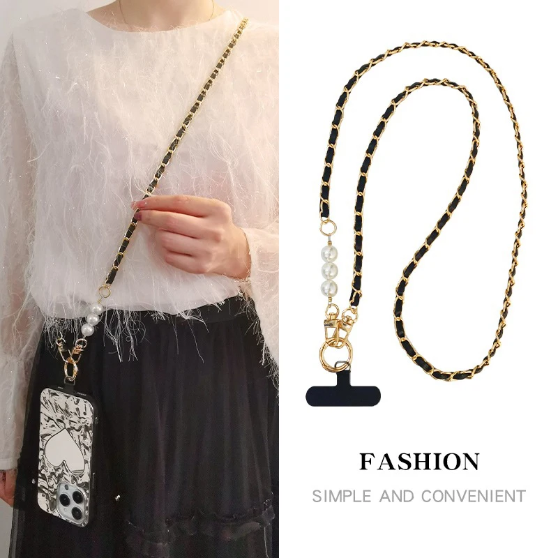 Cordão para Celular Feminino Longo de Couro Trançado com Corrente de Metal e Pérolas, Capa Universal para Celular, Cordão Diagonal Transversal ZY Decorativo