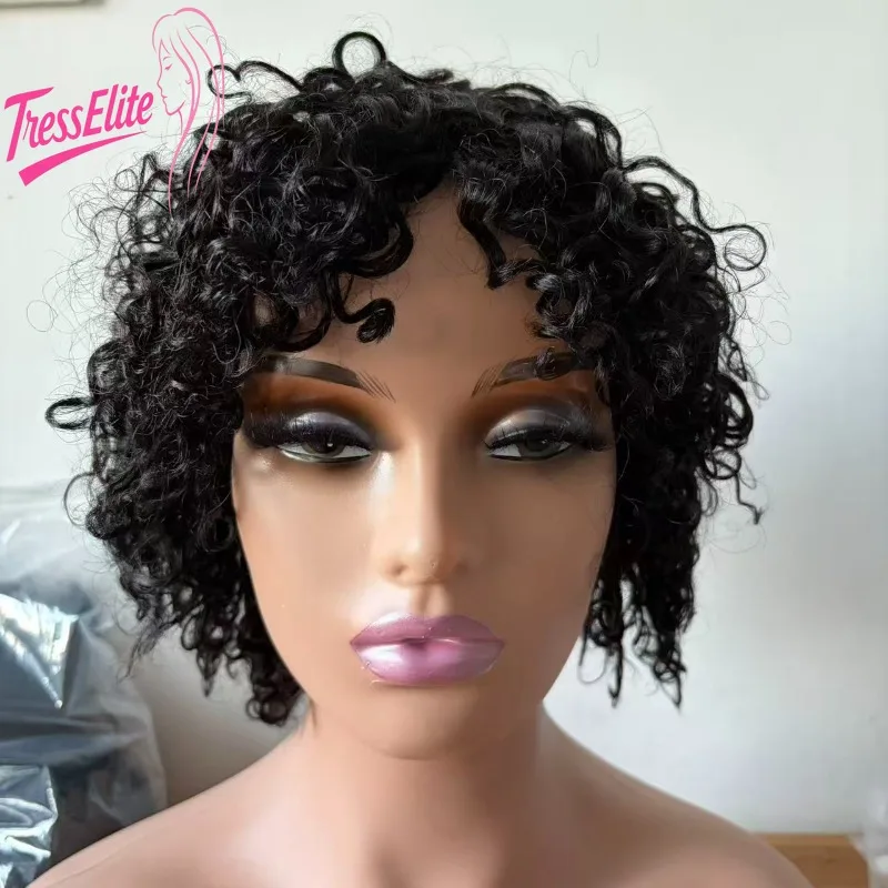 

Short Curly with Bangs 6 Inch Natural Color Human Hair Full Machine Wig Brazilian Virgin Remy 180% Densityfor Women Daily Wear