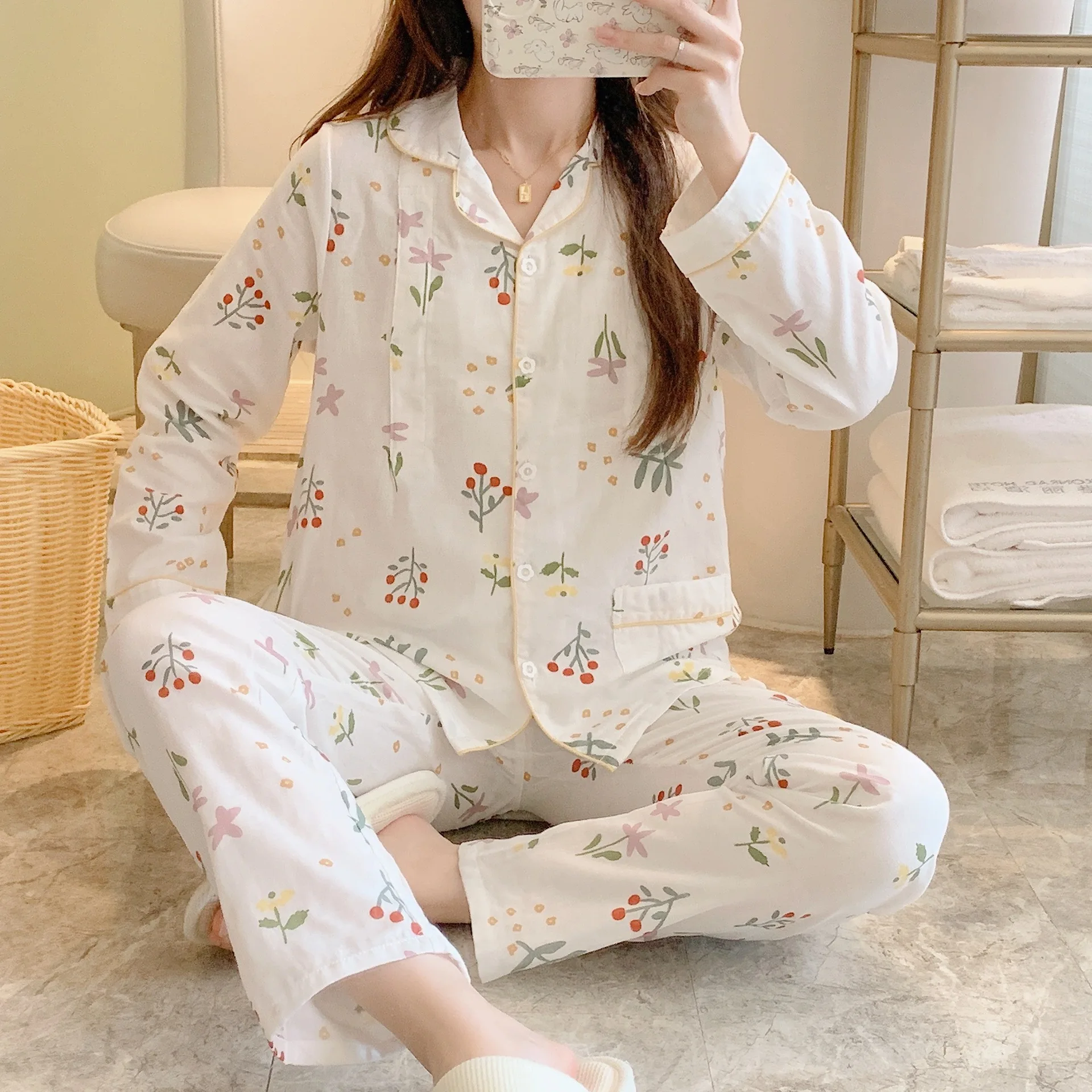 Women's Maternity Nursing Pajamas Postpartum Breastfeeding Sleepwear Suit Pure Cotton Gauze Thin 2 PCs/Set Sleep Nightwear