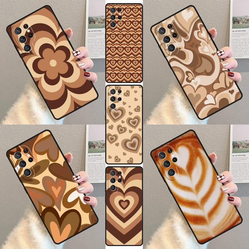 Aesthetic Latte Love Brown Heart Phone Case For Samsung Galaxy S23 S21 S20 FE S24 S22 Ultra Note20 S10 S9 S8 Plus Silicone Cover