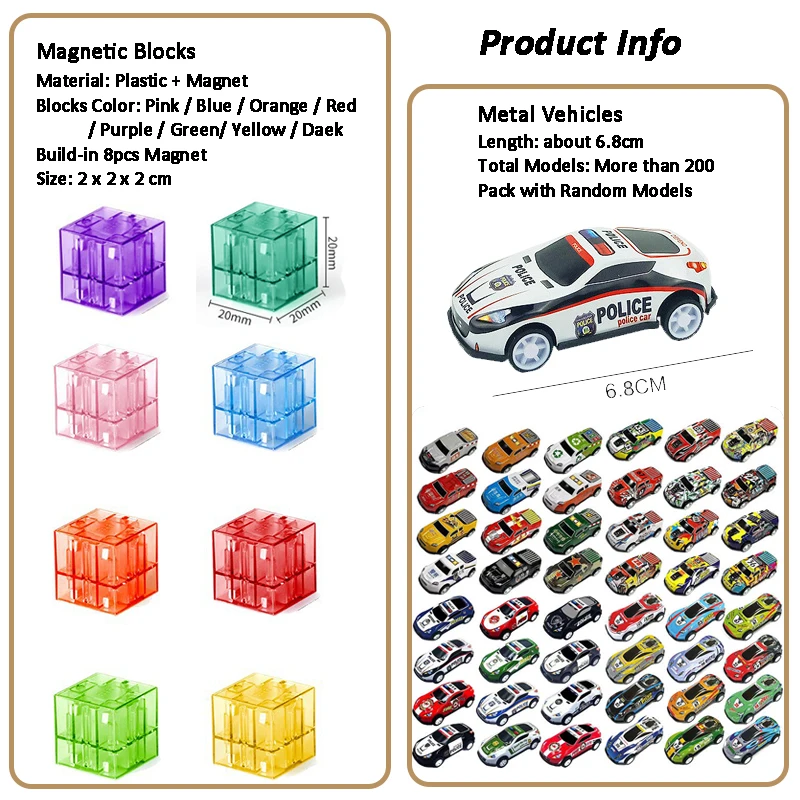Kids New DIY Magnetic Building Block Toy with Metal Vehicles Fun Parent Child Interactive Puzzle Gifts Set Rainbow Color Cubes