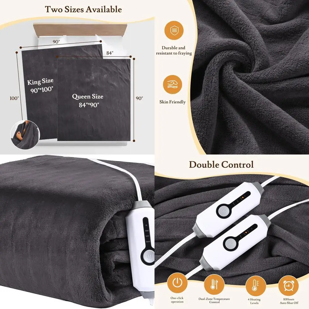 

Queen Size Electric Blanket 84x90 - 4 Heat Levels, Dual Controls, 10H Timer, Soft Coral Fleece with Overheat Protection, Dark Gr
