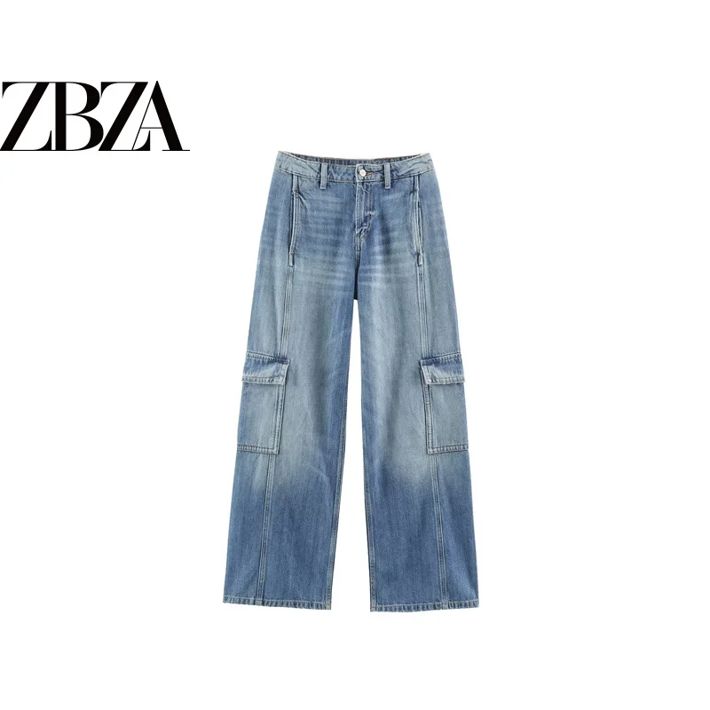 Fashionable Versatile Workwear Denim Jeans Multiple Pockets mid Waist Wide Leg Ladies Jeans Polyester Fabric Natural Waist