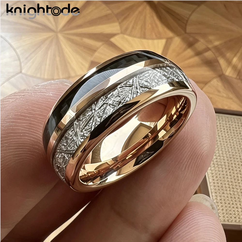 8mm Men\'s Tungsten Carbide Wedding Band White Meteorite/Black Carbon Fiber Valentine Engagement Ring Dome Polished Comfort Fit