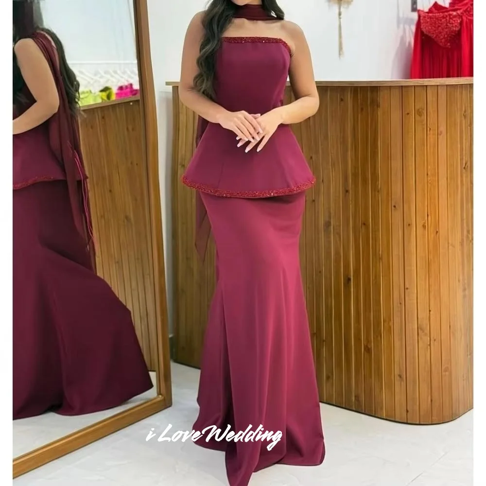 Burgundy Strapless Evening Dresses 2025 Sleeveless Mermaid Beaded Floor-Length Prom Dress Pleated Wedding Party Dress Customized
