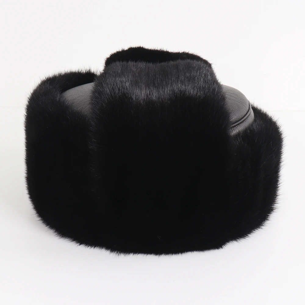 

New Winter Men Outdoor Real Mink Fur Bomber Hats Male Super Warm 100% Natural Mink Fur Hat Luxury Man Real Sheepskin Leather Cap