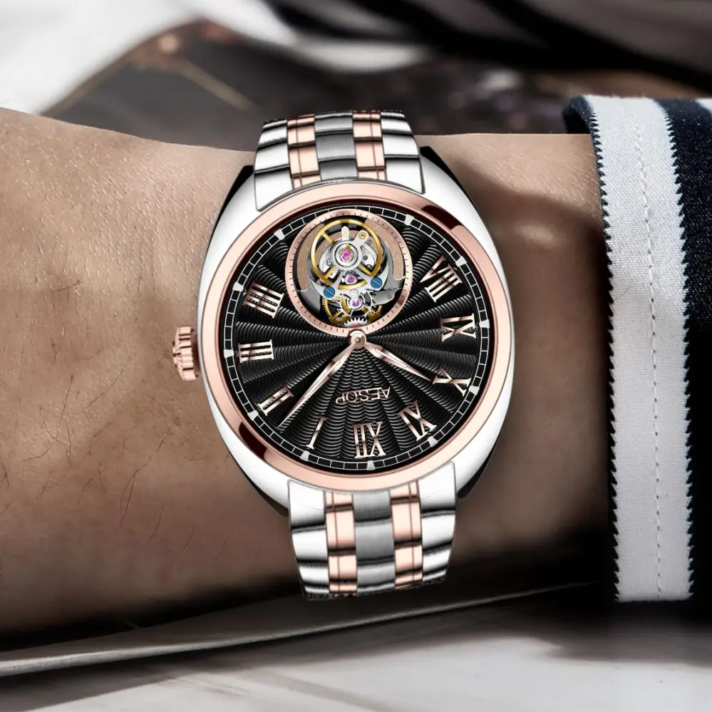 AESOP Men's Mechanical Hand Wind Hollow Wristwatch Real Flying Tourbillon Skeleton Design Sapphire Crystal Waterproof Male Clock