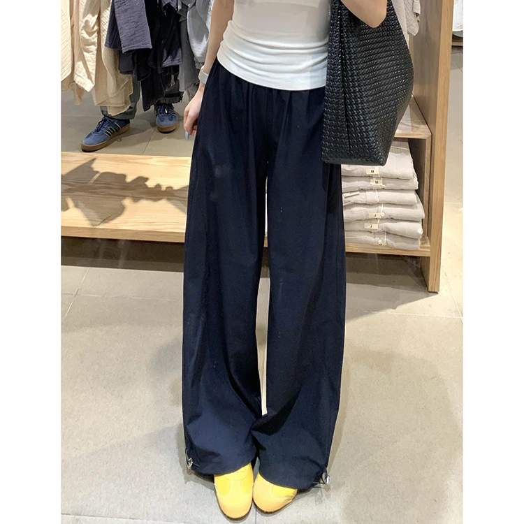 กางเกงขายาวเอวสูงแบบต่อผ้าสำหรับผู้หญิง ทรงหลวมใส่สบายสำหรับฤดูร้อน กางเกงวอร์มทรงตรง เอวยางยืด