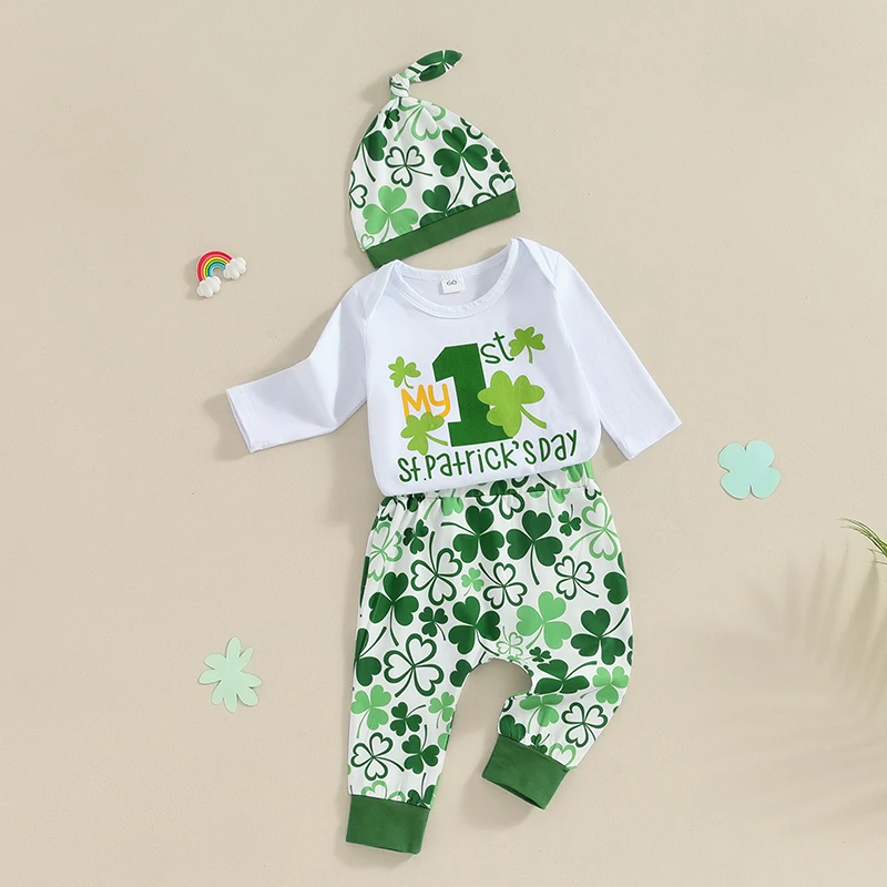 Baby Girl Irish 3 Piece Outfit Clover Print Long Sleeve Bodysuit and Leggings Set with Hat St Patrick s Day Costume for Infants