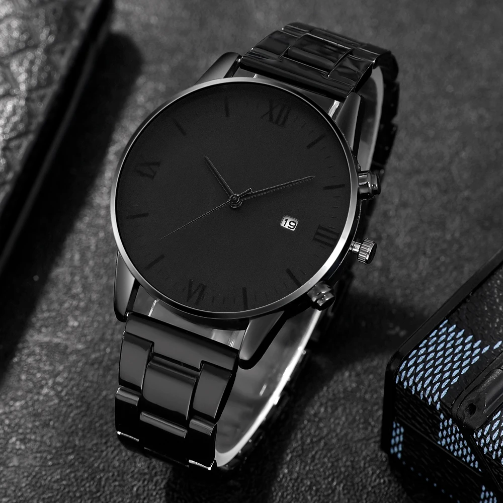 4pcs personalized men's watch steel strap quartz watch strap necklace bracelet set suitable for daily wear and holiday gifts
