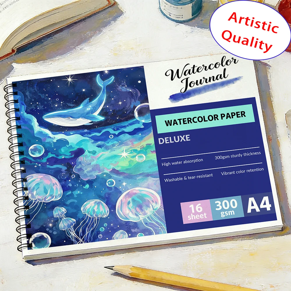 A4 Spiral Watercolor Journal, 300gsm Heavyweight Thick Paper, 16 Sheets Blank Sketchbook for Artists, Beginners & Students, Prem