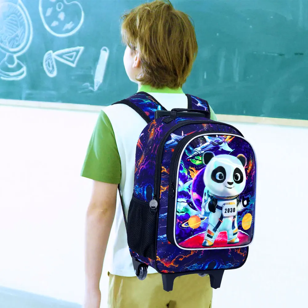 Sac à dos panda roulant pour garçons, sac à livres d'école à roulettes pour enfants avec sac à déjeuner, sac d'école à roulettes pour enfants