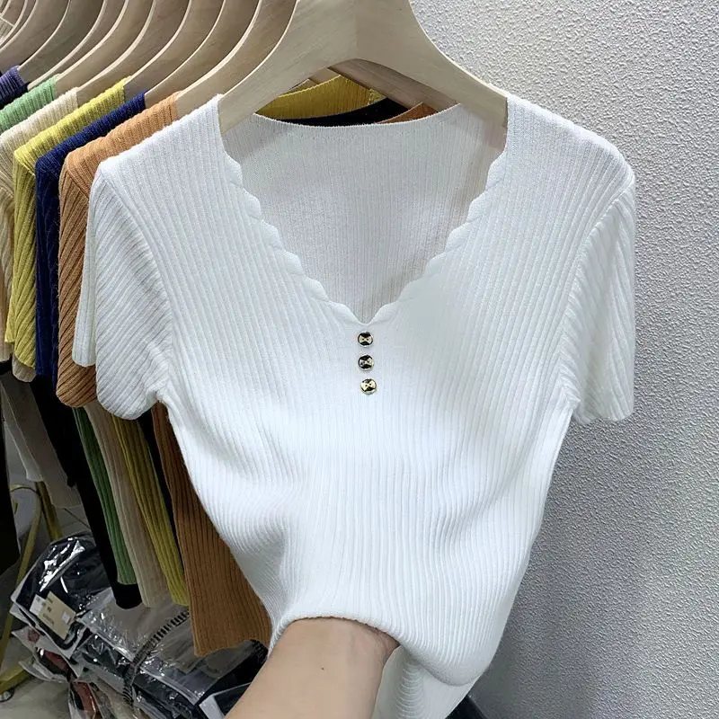 Ice Silk Short Sleeve T-shirt Women\'s 2023 New Summer Style Slim Short White V-neck Sweater Short-sleeved Top