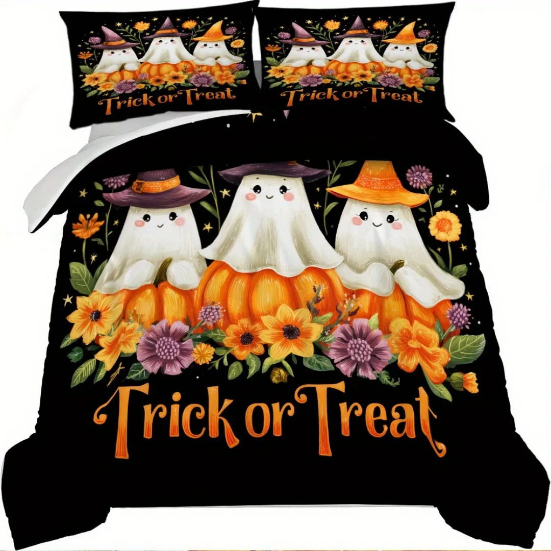 

3pcs Cute Halloween Ghost Digital Printed Bedding Set Cozy Duvet Cover King Queen Twin Single Size Halloween Gift Bedroom Decor