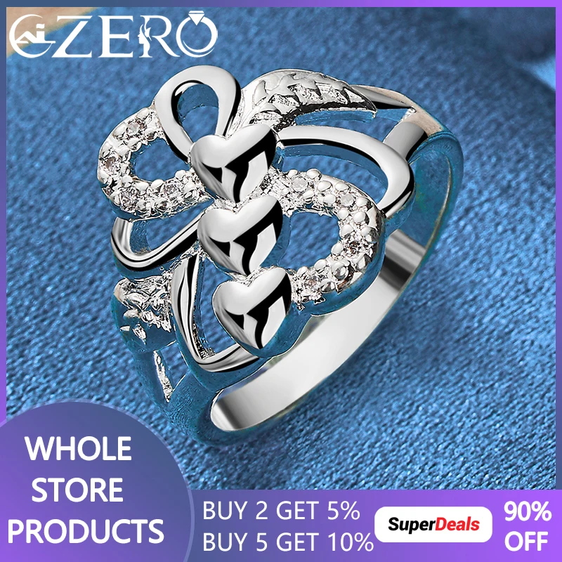 ALIZERO 925 Sterling Silver Three Heart Zircon Ring For Women Wedding Ring Engagement Band Party Fashion Jewelry Gift