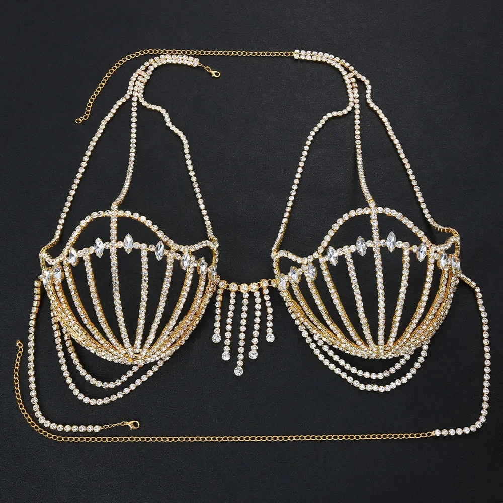 2024 New Sea Shell Bra Top Woman Crystal Lingerie Chain Apparel Stripper Outfit Dancewear Exotic Gift Lingerie Wholesale Pendant