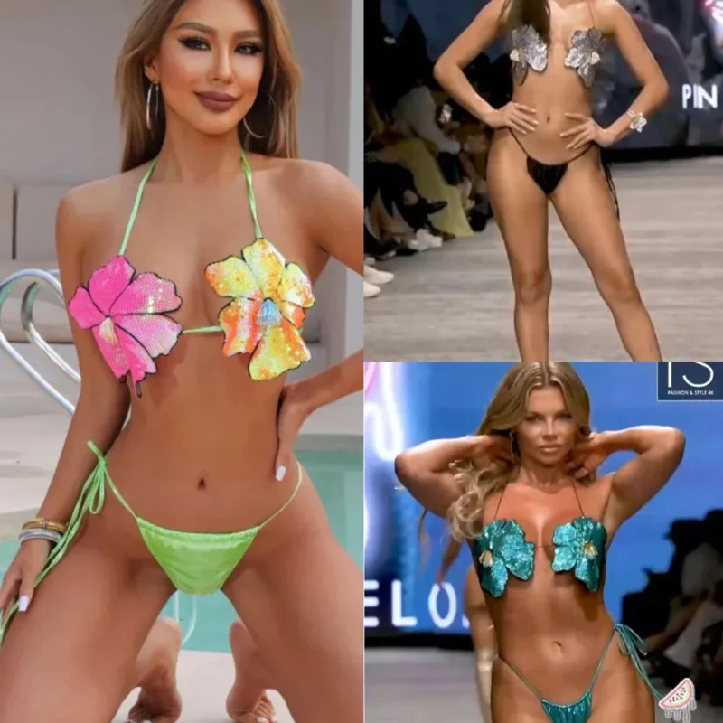 2024 Summer 3D Flower Sexy Women's Bikini Set Beach Vacation Beads Flower Split T Pants Swimming Suit Set Quality Sling Bikini