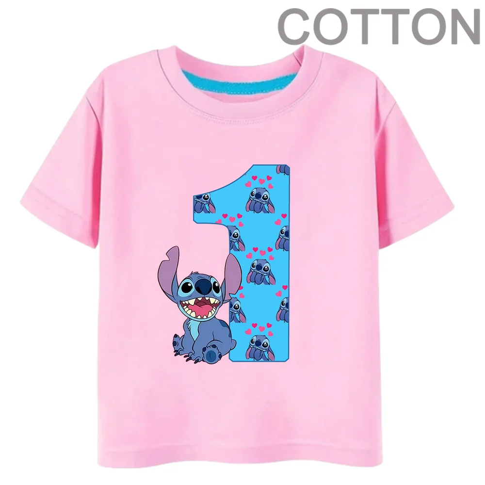 PINK Stitch digit 1234 Cotton Children disney T-Shirt Name Combination Tee Shirts Cartoons Kawaii Kid Casual Girl Boy Harajuku