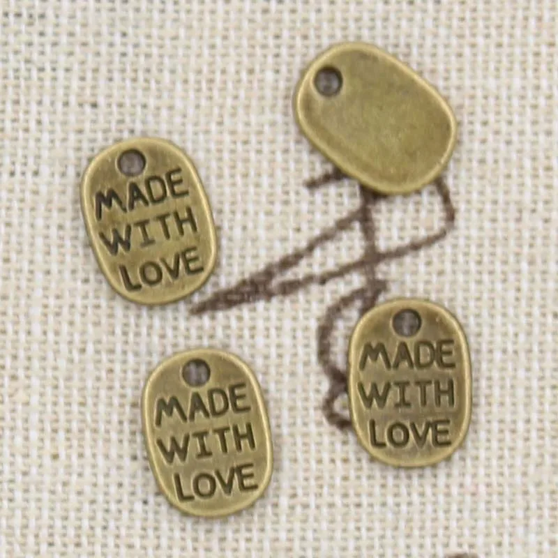 50pcs Charms Plates Made With Love 11x8mm Antique Bronze Silver Color Pendants DIY Making Findings Handmade Tibetan Jewelry