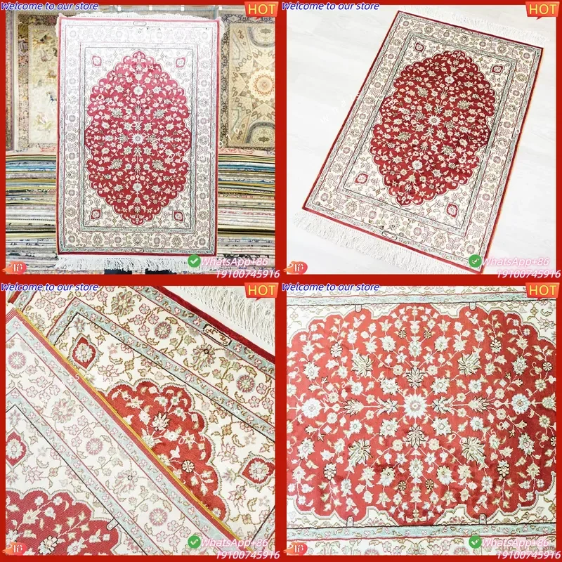 CECertificate 61x91cm Vintage Persian Turkish Hand Knotted Silk Carpet Floral Pattern Low Pile Washable & Stain
