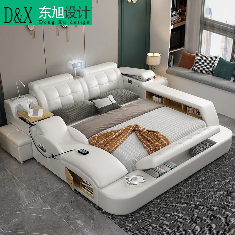 

Massage Tatami Bed, Multifunctional Leather Bed, Modern Minimalist Bedside with Projector, Villa Master Bedroom Bed