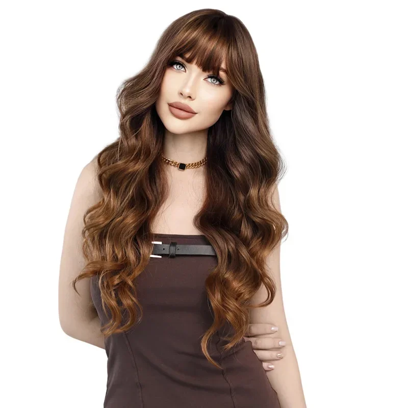 26“ Long Omber Brown Curly Wavy High Quality Synthetic Hair Cosplay Wig with Bangs for Halloween Anime Wigs