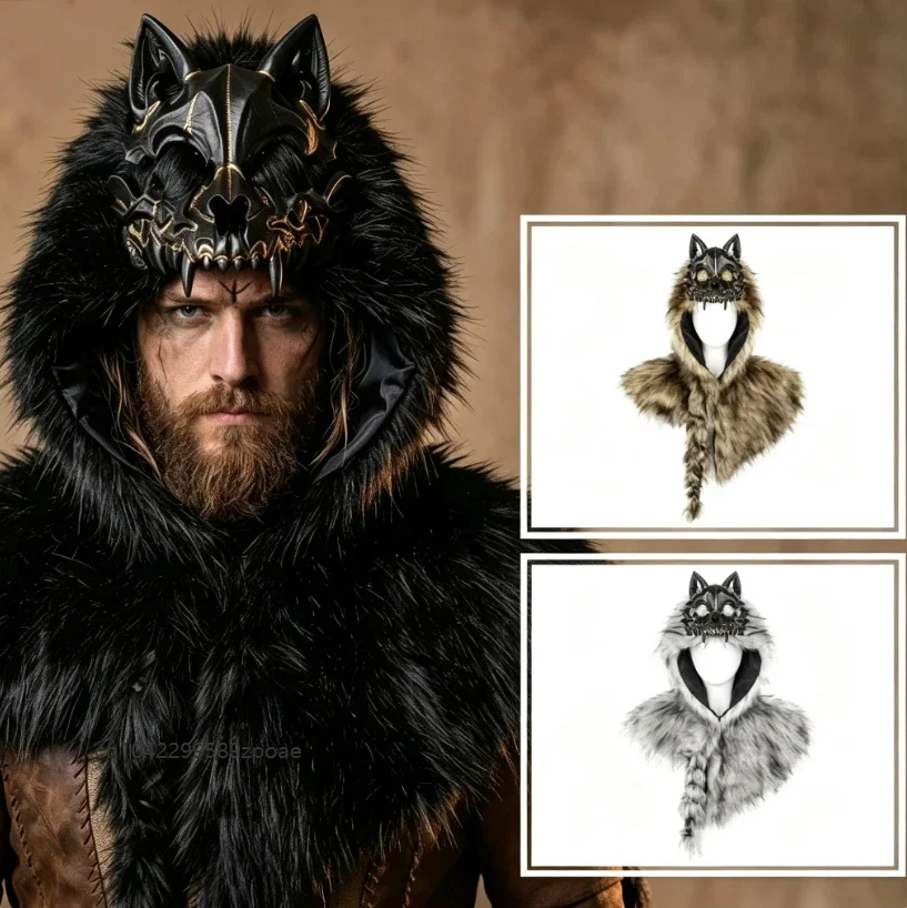 Vintage Wolfsschädel-Kapuzenschal, Harte Maske, Kopfbedeckung, Umhang, Accessoire für Renaissance, Halloween-Party, Bühnenauftritt, Cosplay, Verkleidung – Detail 1