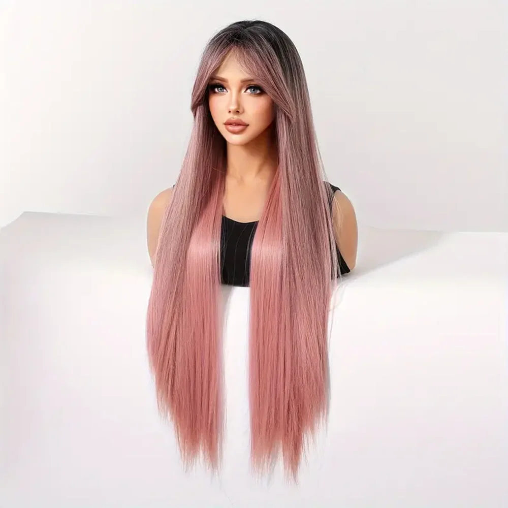 30Inch Synthetic Ombre Pink Wig with Long Bangs Pink Super Long Straight Wigs for Women Heat Resistant Christmas Cosplay Hair