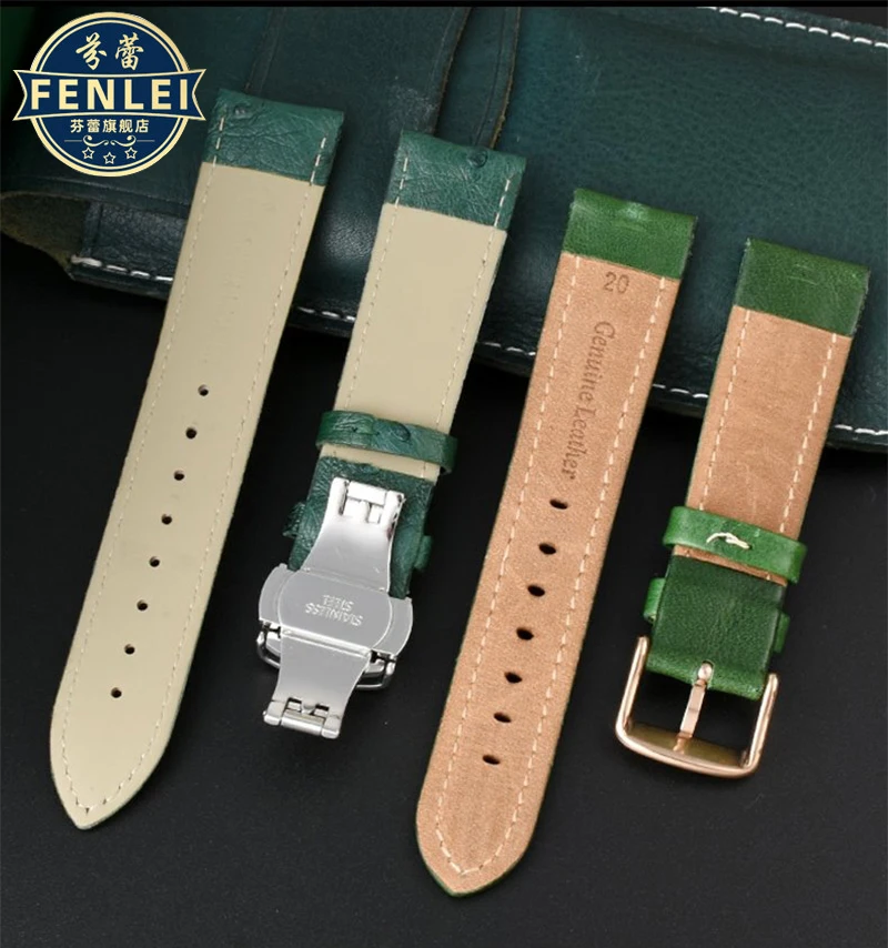 18mm 20mm 22mm High Quality Bamboo Pattern soft cowhide WatchStrap Men Butterfly Buckle Ostrich leather Green Watchband Bracelet