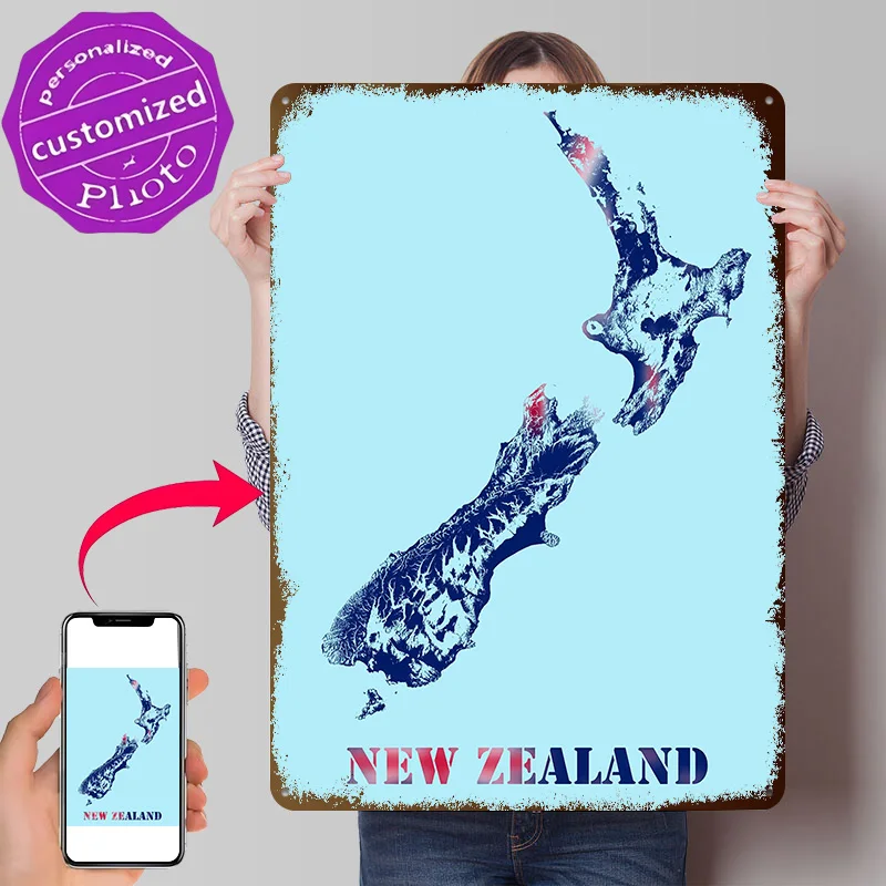 New Zealand Topographic Contour Relief Map 3D Texture Printed Poster Custom Vintage Metal Tin Plate Sign for Wall Art Desk Decor